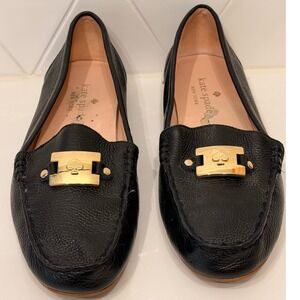 Kate Spade New York Black Pebbled Leather Driver Loafers Gold Logo Hardware 7.5M